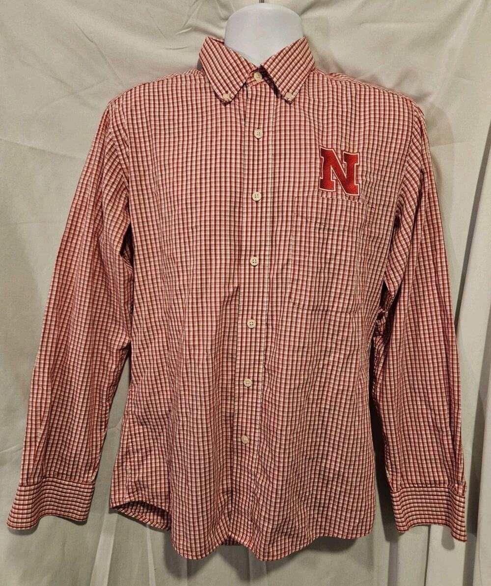 Nebraska Cornhuskers Long Sleeve Button Plaid Shirt Mens Sz Medium "Go Big Red"